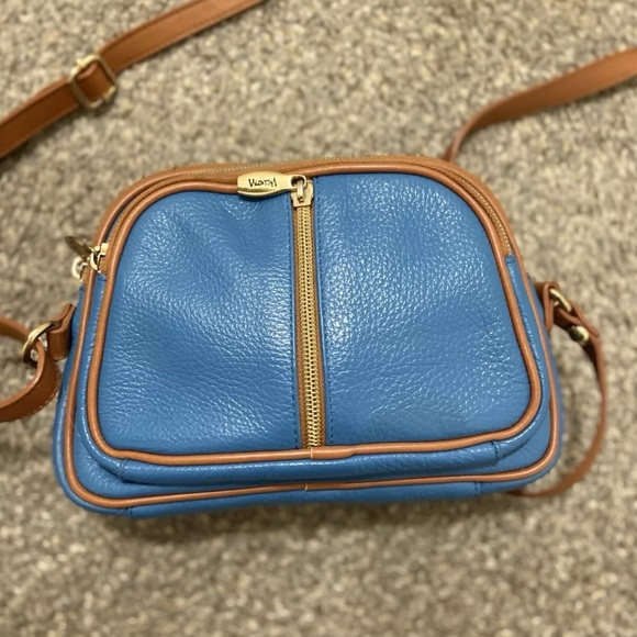 VALENTINA Genuine Leather Crossbody Purse Blue And Tan Made In Italy - Picture 4 of 8